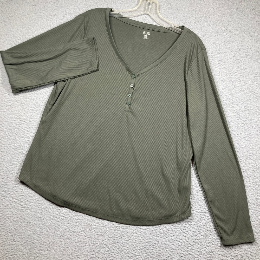 a.n.a Henley Top Women PXXL Olive Green Ribbed‎ Long Sleeve V-Neck Petite Bella